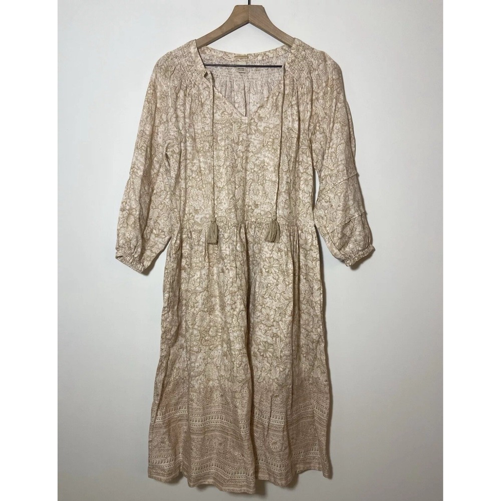 Magaschoni Womens Linen Drop Waist Midi Dress S/4 Small Beige Floral Tassels EUC
